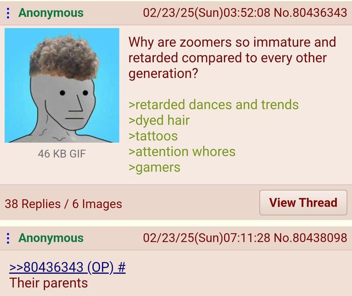 : Anonymous 46 KB GIF 02/23/25(Sun)03:52:08 No.80436343 Why are zoomers so immature and retarded compared to every other generation? >retarded dances and trends >dyed hair >tattoos >attention w----- >gamers 38 Replies / 6 Images Anonymous >>80436343 (OP) # Their parents View Thread 02/23/25(Sun)07:11:28 No.80438098