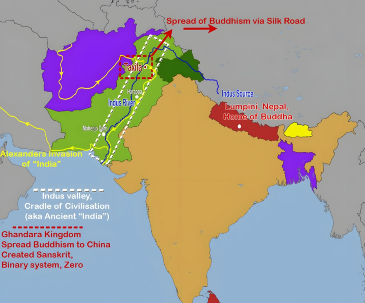 Taxila Spread of Buddhism via Silk Road I D Q ub 0 D Harappa Indus River Indus Source Lumpini, Nepal, Home of Buddha Mohenjo Daro Alexanders Invasion of "India" Indus valley, Cradle of Civilisation (aka Ancient "India") Ghandara Kingdom Spread Buddhism to China Created Sanskrit, Binary system, Zero