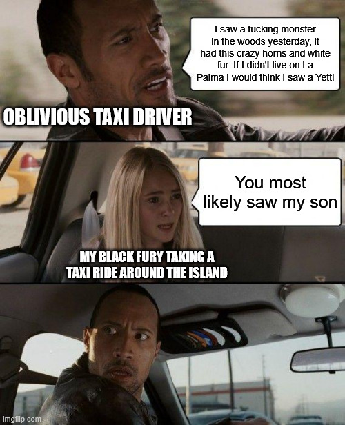 OBLIVIOUS TAXI DRIVER imgflip.com I saw a f------ monster in the woods yesterday, it had this crazy horns and white fur. If I didn't live on La Palma I would think I saw a Yetti You most likely saw my son MY BLACK FURY TAKING A TAXI RIDE AROUND THE ISLAND