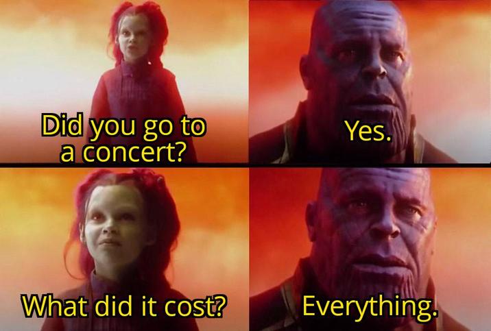Did you go to a concert? Yes. What did it cost? Everything.