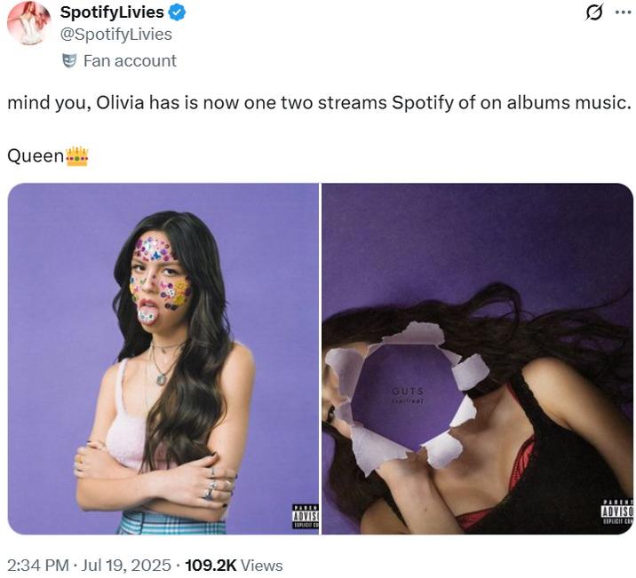 mind you, Olivia has is now one two streams Spotify of on albums music. A nonsensical copypasta tweet. The tweet reads, "mind you, Olivia has is now one two streams Spotify of on albums music."