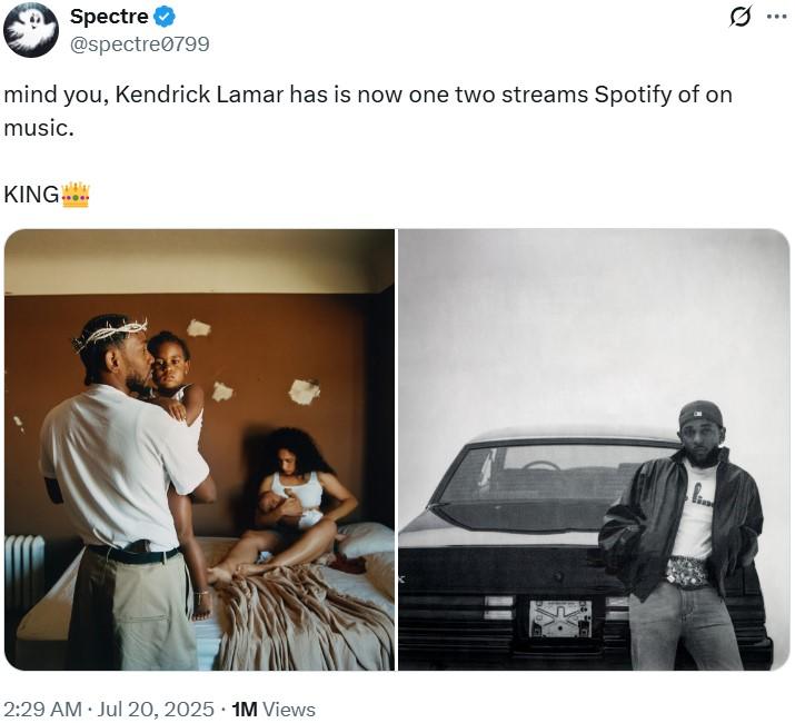 mind you, Kendrick Lamar has is now one two streams Spotify of on music. A nonsensical copypasta tweet. The tweet reads, "mind you, Kendrick Lamar has is now one two streams Spotify of on music."