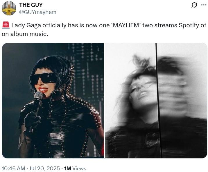 Lady Gaga officially has is now one ‘MAYHEM’ two streams Spotify of on album music. A nonsensical copypasta tweet. The tweet reads, "Lady Gaga officially has is now one ‘MAYHEM’ two streams Spotify of on album music."