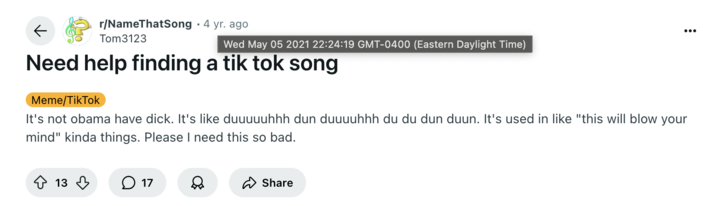 A Reddit post on /r/NameThatSong showing the earliest known written reference to the lyrics of the song "Hadal Ahbek" by Issam Alnajjar being mistaken for the line, "Obama have d---."