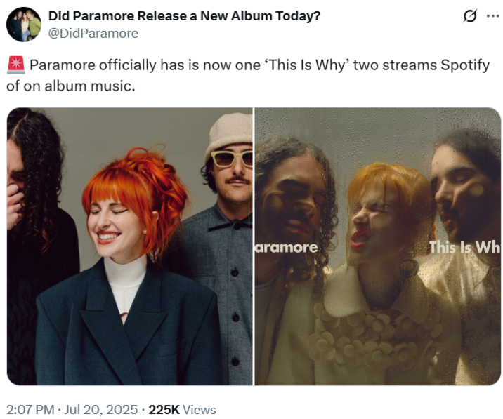 🚨 Paramore officially has is now one ‘This Is Why’ two streams Spotify of on album music. Did Paramore Release a New Album Today? @DidParamore 10 ... Paramore officially has is now one 'This Is Why' two streams Spotify of on album music. • 2:07 PM · Jul 20, 2025 225K Views aramore This Is Wh