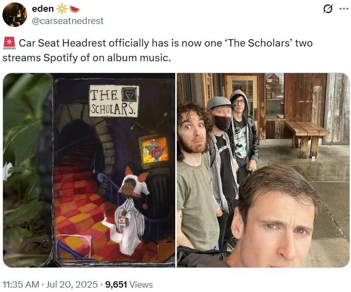 🚨 Car Seat Headrest officially has is now one ‘The Scholars’ two streams Spotify of on album music. A nonsensical copypasta tweet. The tweet reads, "🚨 Car Seat Headrest officially has is now one ‘The Scholars’ two streams Spotify of on album music."