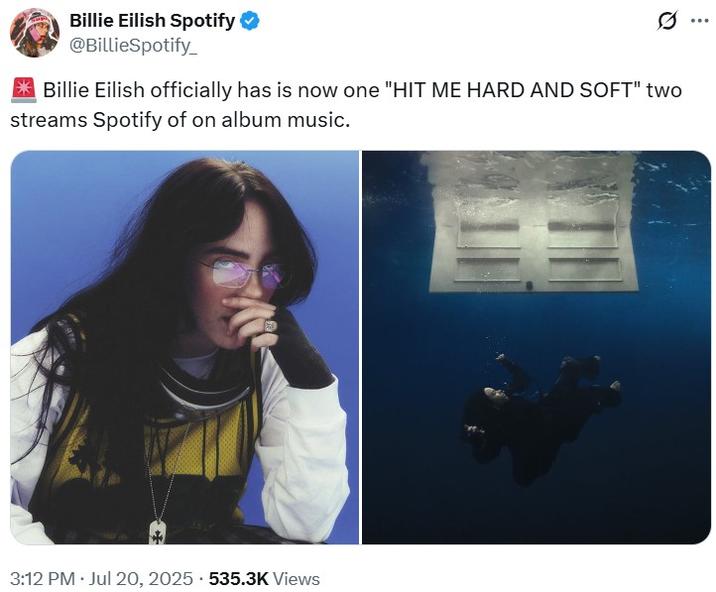 🚨 Billie Eilish officially has is now one "HIT ME HARD AND SOFT" two streams Spotify of on album music. Billie Eilish Spotify ❤ @BillieSpotify_ Billie Eilish officially has is now one "HIT ME HARD AND SOFT" two streams Spotify of on album music. 3:12 PM - Jul 20, 2025 535.3K Views