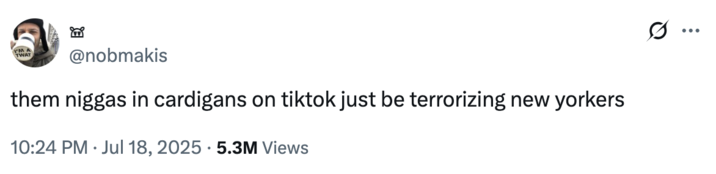 them n----- in cardigans on tiktok just be terrorizing new yorkers A "tweet":https://knowyourmeme.com/memes/sites/twitter-x about Pink Cardigan and Jay Guapo from "TikTok":https://knowyourmeme.com/memes/sites/tiktok, reading, "Them n----- in cardigans on TikTok just be terrorizing New Yorkers."