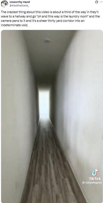 a sheer thirty yard corridor into an indeterminate void Unworthy Hand @kisstheblade The craziest thing about this video is about a third of the way in they'll wave to a hallway and go "oh and this way is the laundry room" and the camera pans to it and it's a sheer thirty yard corridor into an indeterminate void. Tik Tok @catyvlogsss