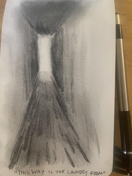 "This way is the laundry room" now in my sketchbook THIS WAY IS THE LAUNDRY ROOM"