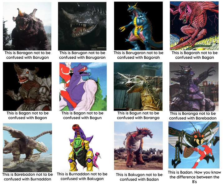 This is Baragon not to be confused with Barugon This is Barugon not to be confused with Barugaron This is Barugaron not to be confused with Bagorah This is Bagorah not to be confused with Bagan This is Bagan not to be confused with Bagon This is Bagon not to be confused with Bogun This is Bogun not to be confused with Boranga This is Barebadon not to be confused with Burnaddon This is Burnaddon not to be confused with Bakugon This is Bakugon not to be confused with Badan This is Boranga not to be confused with Barebadon This is Badan. Now you know the difference between the B's