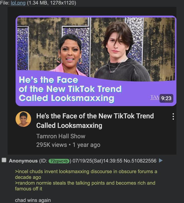 File: lol.png (1.34 MB, 1278x1120) He's the Face of the New TikTok Trend Called Looksmaxxing TAM 9:23 He's the Face of the New TikTok Trend Called Looksmaxxing Tamron Hall Show 295K views • 1 year ago Anonymous (ID: 72cpvc+b) 07/19/25(Sat) 14:39:55 No.510822556 >incel chuds invent looksmaxxing discourse in obscure forums a decade ago >random normie steals the talking points and becomes rich and famous off it chad wins again