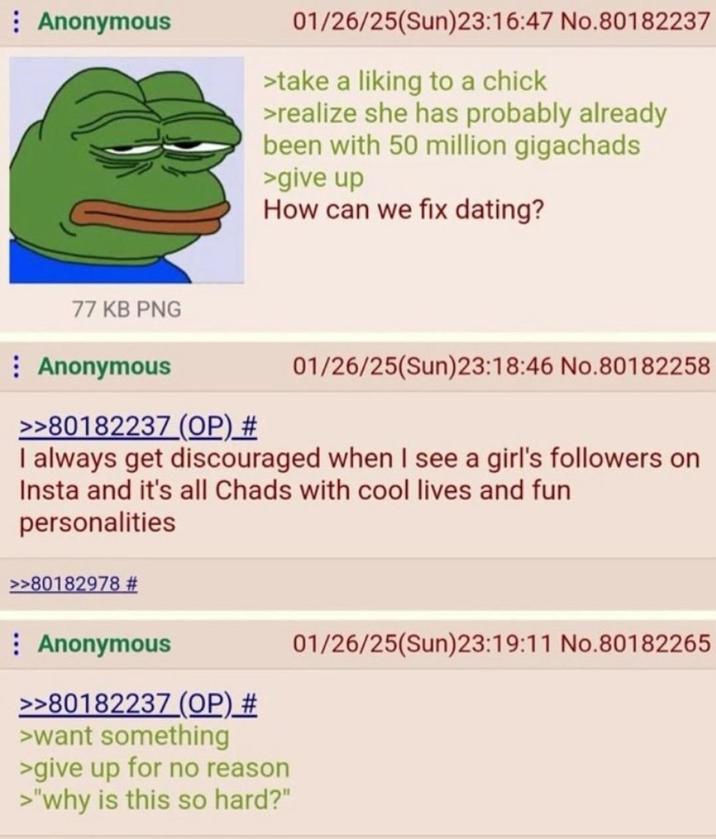 Anonymous 01/26/25(Sun)23:16:47 No.80182237 >take a liking to a chick >realize she has probably already been with 50 million gigachads >give up How can we fix dating? 77 KB PNG Anonymous >>80182237 (OP) # 01/26/25(Sun)23:18:46 No.80182258 I always get discouraged when I see a girl's followers on Insta and it's all Chads with cool lives and fun personalities >>80182978 # Anonymous >>80182237 (OP) # >want something >give up for no reason >"why is this so hard?" 01/26/25(Sun)23:19:11 No.80182265