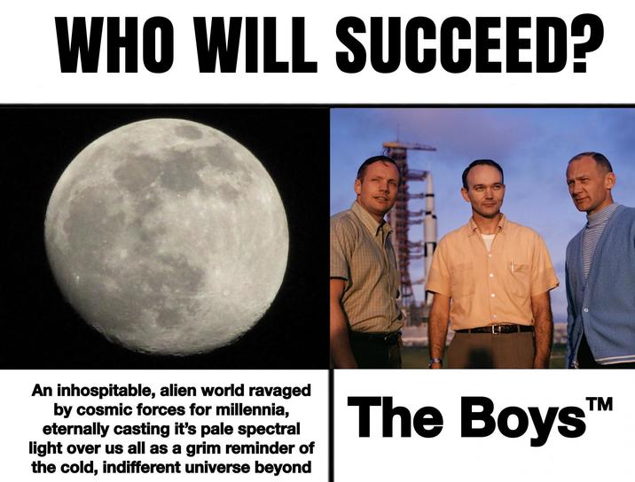 WHO WILL SUCCEED? An inhospitable, alien world ravaged by cosmic forces for millennia, eternally casting it's pale spectral light over us all as a grim reminder of the cold, indifferent universe beyond TM The Boys™