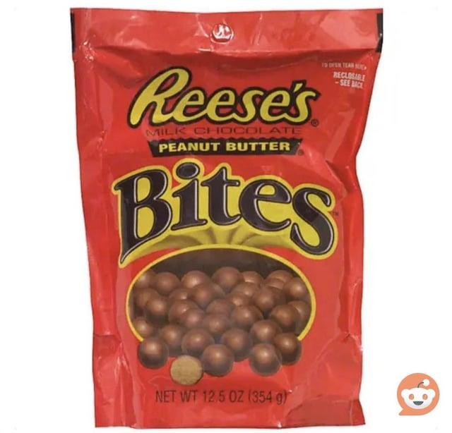 Reese's MILK CHOCOLATE PEANUT BUTTER 19 OVEN YEAR RECLOSIRE -SEE BACK Bites NET WT 12.5 OZ (354 g)