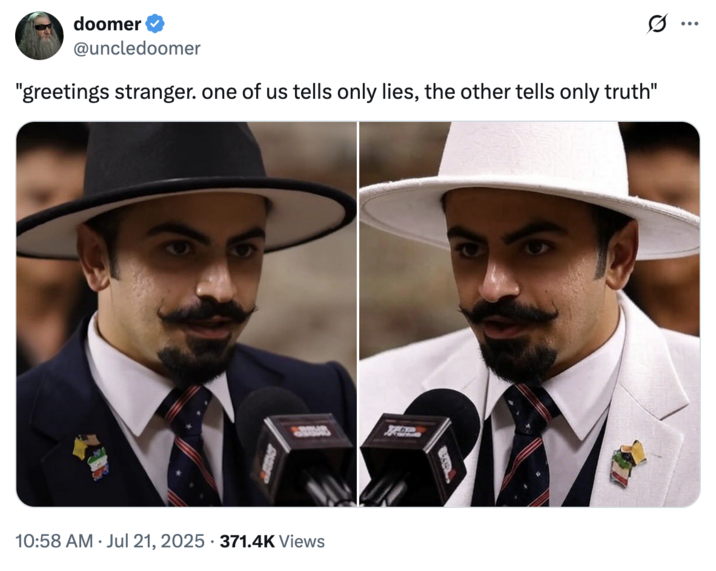 July 21st, 2025 tweet by @uncledoomer X user @uncledoomer posted a mirrored image of Matin Samimiat, showing a version of him dressed in all white facing a version of him dressed in dark blue alongside a caption that read, "greetings stranger. one of us tells only lies, the other tells only truth." The replies to the post compared Samimiat to the characters from _Spy vs Spy_ comics.