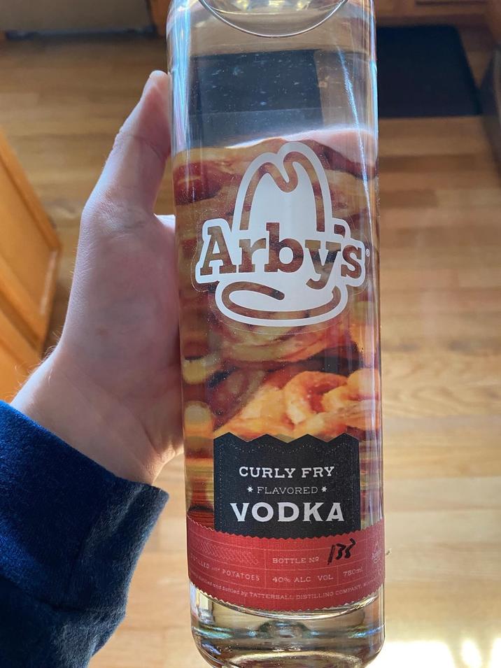 Arby's CURLY FRY FLAVORED * VODKA STILLED POTATOES BOTTLE NO 133 40% ALC VOL 750ml yatind and bottled by TATTERSALL DISTILLING COMPANY, M