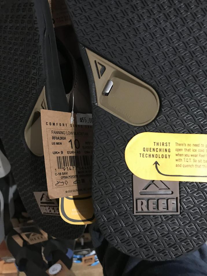 $55.00 COMFORT SINCE THE FANNING LOW BLACKITAN RFOA3KIH US MEN 10 RFBTA BLACKITA UK=9 EUR=43 CM=T 1 91477 66446 C-18 SAV MADE IN VIE CPSIA PO/CUT 400054000 ©2016 SOUTH CONIC US 7380349 THIRST QUENCHING TECHNOLOGY There's no need to open that ice cold when you wear Reef with T.Q.T. So sit ba and quench that thi REEF