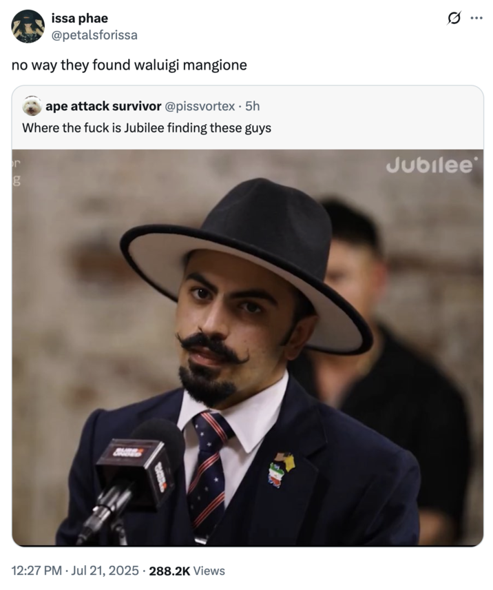 July 21st, 2025 tweet by @petalsforissa X user @petalsforissa tweeted, "no way they found waluigi mangione" alongside an image of Matin Samimiat, an Iranian-American participant in a July 2025 Jubilee video featuring Mehdi Hasan.