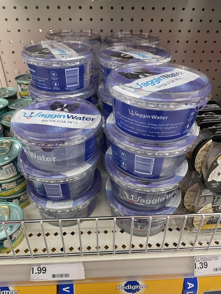Mater Stand www.wywhere of the lid and MOYCLE HE aggin Water WATER FOR PETS Saggin Water WATER FOR PES Waggin Water RTD bowled water for pets. Simply peel off the lid and serve your pet clean water anytime, anywhere Perfect for walks dog parks traveling and outdoors NS VOO, FELTERED WATER I NET WT 120x / www.WAGGINWATER.COM 300002626 Lancy Med EAT CHICKEN P igree® Water novationed by Waggin Food 1.99 -13 002 079 02/15 Pedigree ggi namabut VET DOG FOOD ESAR CHICKEN 1.30Z 1.39 22 025 AL