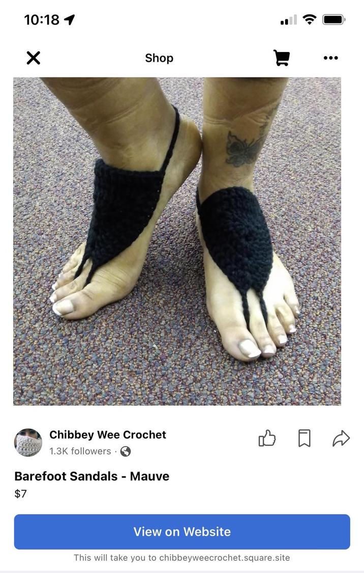 10:18 1 ✓ Shop Chibbey Wee Crochet 1.3K followers Barefoot Sandals - Mauve $7 View on Website This will take you to chibbeyweecrochet.square.site