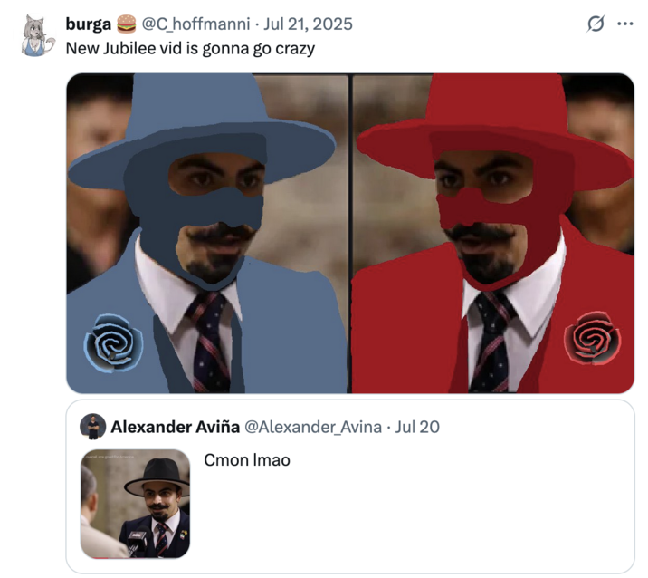 July 21st, 2025 tweet by @C_hoffmanni @C_hoffmanni ⚫ Jul 21, 2025 ... burga (New Jubilee vid is gonna go crazy Alexander Aviña @Alexander_Avina ⚫ Jul 20 overal, are good for Americ Cmon Imao