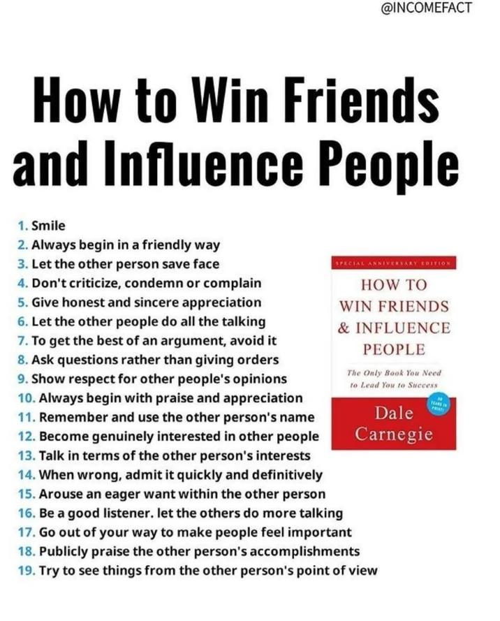 @INCOMEFACT How to Win Friends and Influence People 1. Smile SPECIAL ANNIVERSARY EDITION HOW TO WIN FRIENDS & INFLUENCE PEOPLE The Only Book You Need to Lead You to Success 2. Always begin in a friendly way 3. Let the other person save face 4. Don't criticize, condemn or complain 5. Give honest and sincere appreciation 6. Let the other people do all the talking 7. To get the best of an argument, avoid it 8. Ask questions rather than giving orders 9. Show respect for other people's opinions 10. Always begin with praise and appreciation 11. Remember and use the other person's name 12. Become genuinely interested in other people 13. Talk in terms of the other person's interests 14. When wrong, admit it quickly and definitively 15. Arouse an eager want within the other person 16. Be a good listener. let the others do more talking 17. Go out of your way to make people feel important 18. Publicly praise the other person's accomplishments 19. Try to see things from the other person's point of view Dale Carnegie YEARS