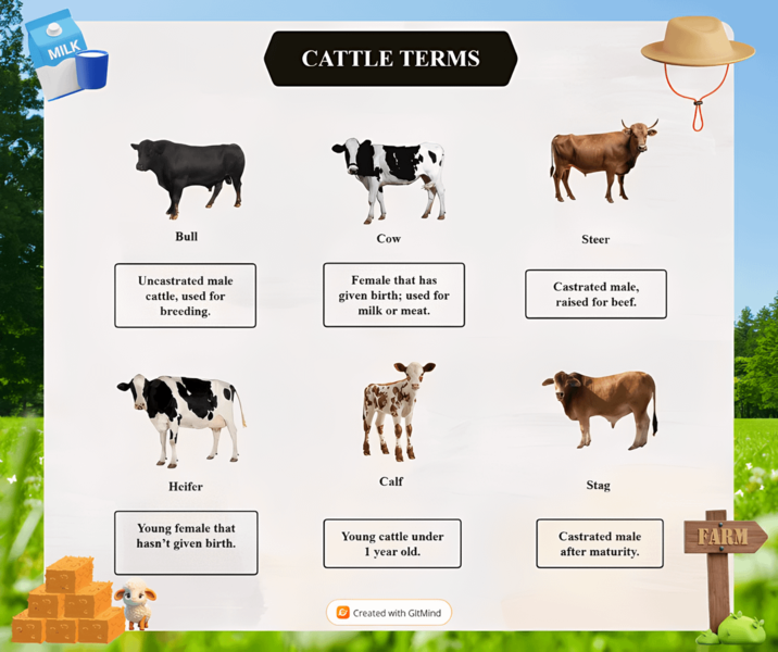 MILK Bull CATTLE TERMS Cow Steer Uncastrated male cattle, used for breeding. Female that has given birth; used for milk or meat. Castrated male, raised for beef. Heifer Calf Stag Young female that hasn't given birth. Young cattle under 1 year old. Castrated male after maturity. FARM Created with GltMind