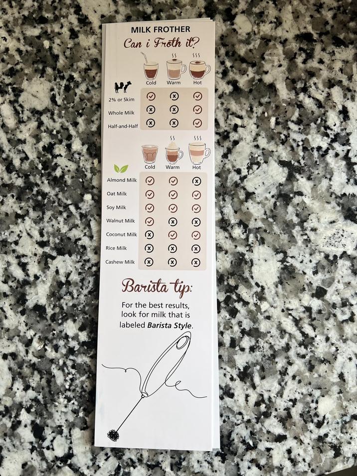 MILK FROTHER Can i Froth it? SS 555 Cold Warm Hot (x) 2% or Skim (☑ (x Whole Milk (☑ (x) Half-and-Half 00 55 555 Almond Milk Oat Milk Cold Warm Hot Soy Milk Walnut Milk Coconut Milk (x Rice Milk Cashew Milk > > ☹ ☹ Barista tip: For the best results, look for milk that is labeled Barista Style.