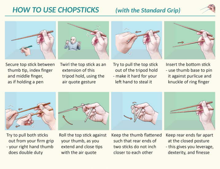 HOW TO USE CHOPSTICKS (with the Standard Grip) Secure top stick between thumb tip, index finger and middle finger, as if holding a pen Twirl the top stick as an extension of this tripod hold, using the air quote gesture Try to pull the top stick out of the tripod hold - make it hard for your left hand to steal it Insert the bottom stick - use thumb base to pin it against purlicue and knuckle of ring finger Try to pull both sticks out from your firm grip - your right hand thumb does double duty Roll the top stick against your thumb, as you extend and close tips with the air quote Keep the thumb flattened such that rear ends of two sticks do not inch closer to each other Keep rear ends far apart at the closed posture - this gives you leverage, dexterity, and finesse
