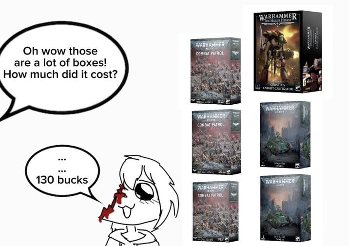 Oh wow those are a lot of boxes! How much did it cost? WARHAMMER 40.000 COMBAT PATROL IMPERIAL AGENTS 33 WARHAMMER COMBAT PATROL 1 WARHAMMER THE HORUS HERESY NIGHT HOUSES CERASTUS KNIGHT CASTIGATOR WARHAMMER 40,000 130 bucks IMPERIAL AGENTS 33 CHIMERA WARHAMMER COMBAT PATROL WARHAMMER 40.0 IMPERIAL AGENTS 33 CHIMERA P WARHAMMER