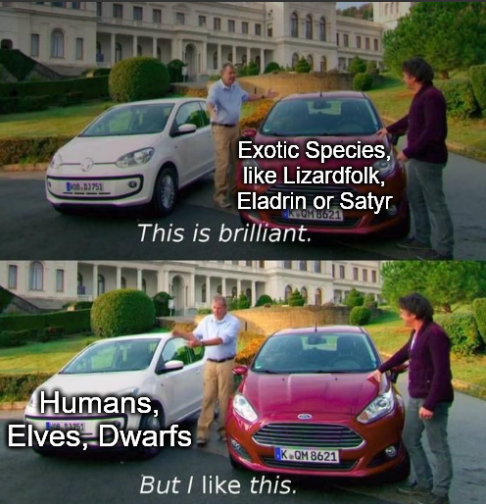 8.3751 Exotic Species, like Lizardfolk, Eladrin or Satyr This is brilliant. Humans, Elves, Dwarfs K.QM 8621 But I like this.