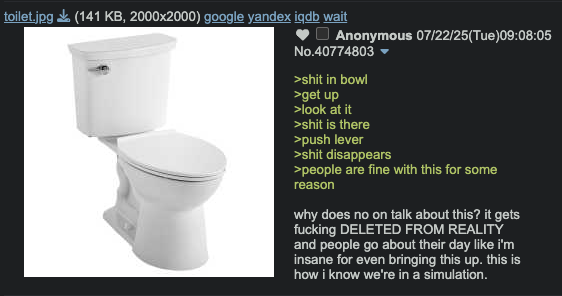 toilet.jpg (141 KB, 2000x2000) google yandex iqdb wait Anonymous 07/22/25(Tue)09:08:05 No.40774803 ▼ >s--- in bowl >get up >look at it >s--- is there >push lever >s--- disappears >people are fine with this for some reason why does no on talk about this? it gets f------ DELETED FROM REALITY and people go about their day like i'm insane for even bringing this up. this is how i know we're in a simulation.