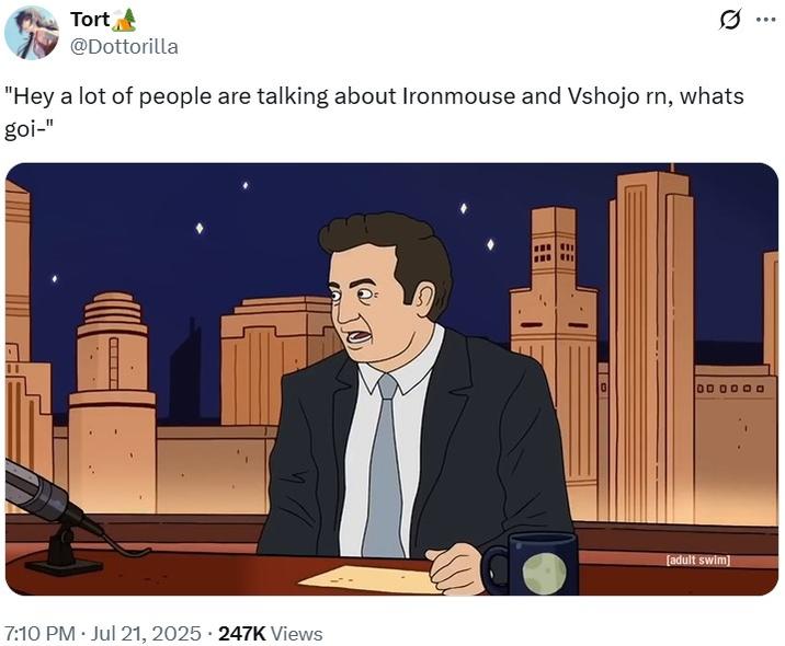"Hey a lot of people are talking about Ironmouse and Vshojo rn, whats goi-" A tweet reading, "Hey a lot of people are talking about Ironmouse and Vshojo rn, whats goi-." The tweet uses the Jimmy Fallon cartoon as a reaction.