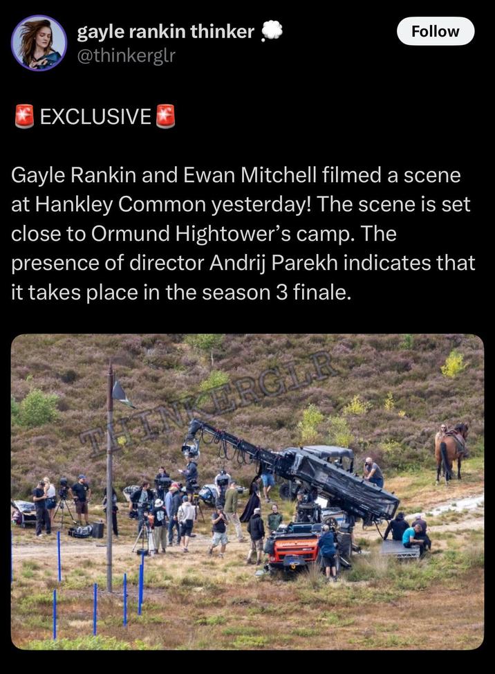 gayle rankin thinker @thinkerglr Follow EXCLUSIVE Gayle Rankin and Ewan Mitchell filmed a scene at Hankley Common yesterday! The scene is set close to Ormund Hightower's camp. The presence of director Andrij Parekh indicates that it takes place in the season 3 finale. CRGLR