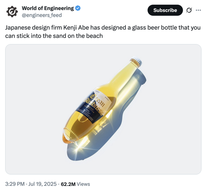 July 19th, 2025 tweet by @engineers_feed X user @engineers_feed tweeted an image of the rounded Corona bottle alongside a caption that read, "Japanese design firm Kenji Abe has designed a glass beer bottle that you can stick into the sand on the beach."