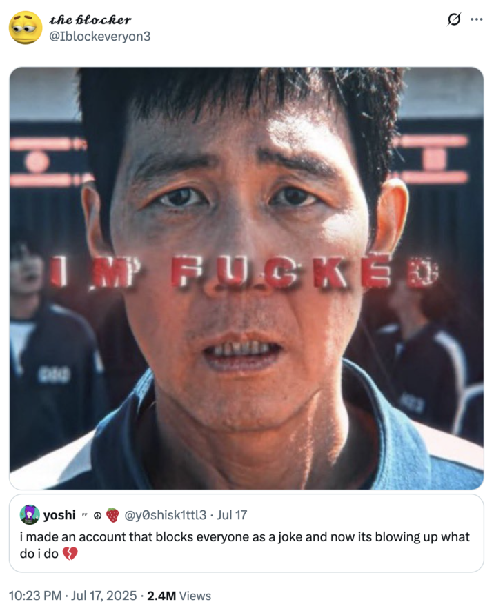 A "quote-tweet":https://knowyourmeme.com/memes/quote-retweets-qrts using the Gi-hun "I'm F-----" "meme":https://knowyourmeme.com/memes/memes from "_Squid Game_":https://knowyourmeme.com/memes/subcultures/squid-game.