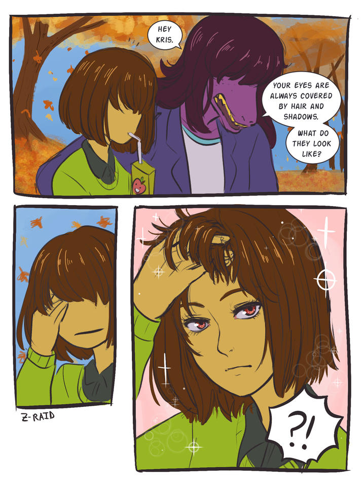 A comic posted to /r/Deltarune in 2018. The comic shows Kris revealing their eyes to be glimmering and red.