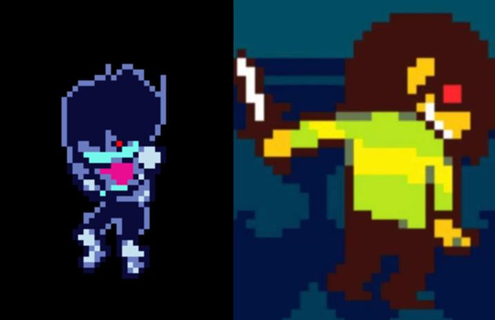 Two appearances of Kris' eyes in Deltarune. The appearances show Kris with a red eye.