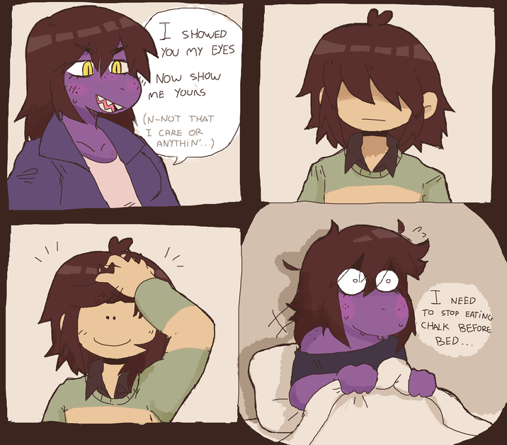 A comic in which Kris reveals their eyes to Suzie in a dream. The comic was posted to /r/Deltarune.