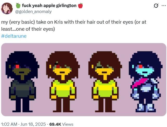 f--- yeah apple girlington @golden_anomaly my (very basic) take on Kris with their hair out of their eyes (or at least...one of their eyes) #deltarune 1:02 AM - Jun 18, 2025 -69.4K Views