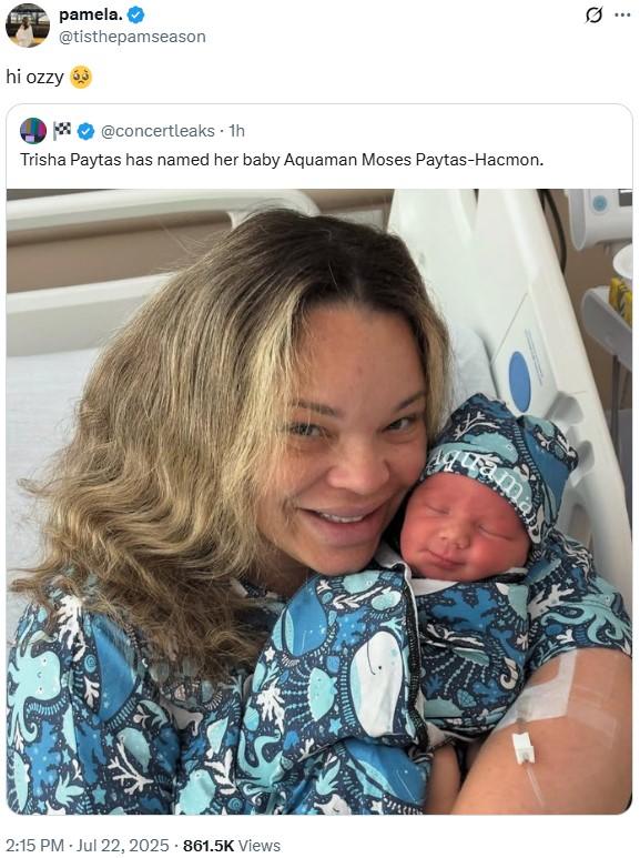 hi Ozzy A tweet reading, "Hi ozzy." The tweet is in response to Trisha Paytas' baby Aquaman being born.