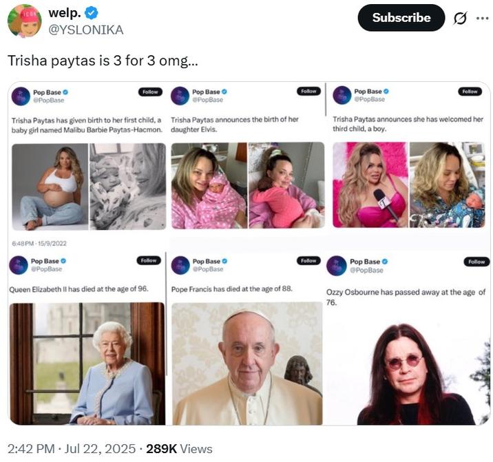 Trisha paytas is 3 for 3 omg… A tweet reading, "Trisha paytas is 3 for 3 omg…" The tweet suggests three celebs are reincarnated as each of her babies.