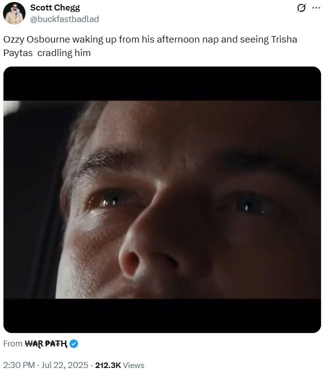 Ozzy Osbourne waking up from his afternoon nap and seeing Trisha Paytas cradling him A tweet reading, "Ozzy Osbourne waking up from his afternoon nap and seeing Trisha Paytas cradling him." The tweet uses a video of Leonardo Dicaprio waking up.