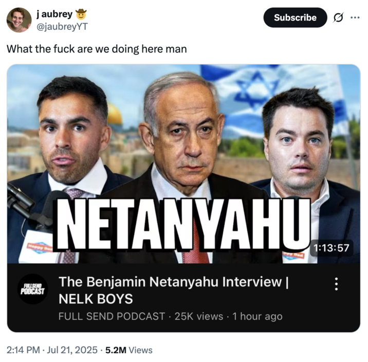 What the f--- are we doing here man A "tweet":https://knowyourmeme.com/memes/sites/twitter-x using the screenshot of the Nelk Boys Benjamin Netanyahu Interview "YouTube":https://knowyourmeme.com/memes/sites/YouTube thumbnail, captioning it, "What the f--- are we doing here, man?"