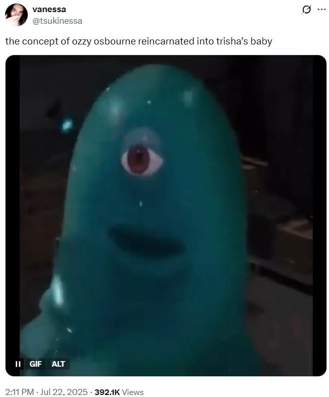 A tweet reading, "the concept of ozzy osbourne reincarnated into trisha’s baby." The meme is teh "BOB staring":https://knowyourmeme.com/memes/bob-staring meme.