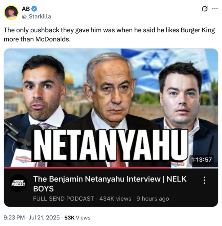 The only pushback they gave him was when he said he likes Burger King more than McDonalds. A "tweet":https://knowyourmeme.com/memes/sites/twitter-x joking about "The only pushback they gave him was when he said he likes Burger King more than McDonald's."