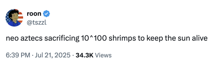 July 21st, 2025 tweet by @tszzl X user Roon tweeted, "neo aztecs sacrificing 10^100 shrimps to keep the sun alive" to joke about the "10^100 Shrimp" essay, gathering over 800 likes in a day.