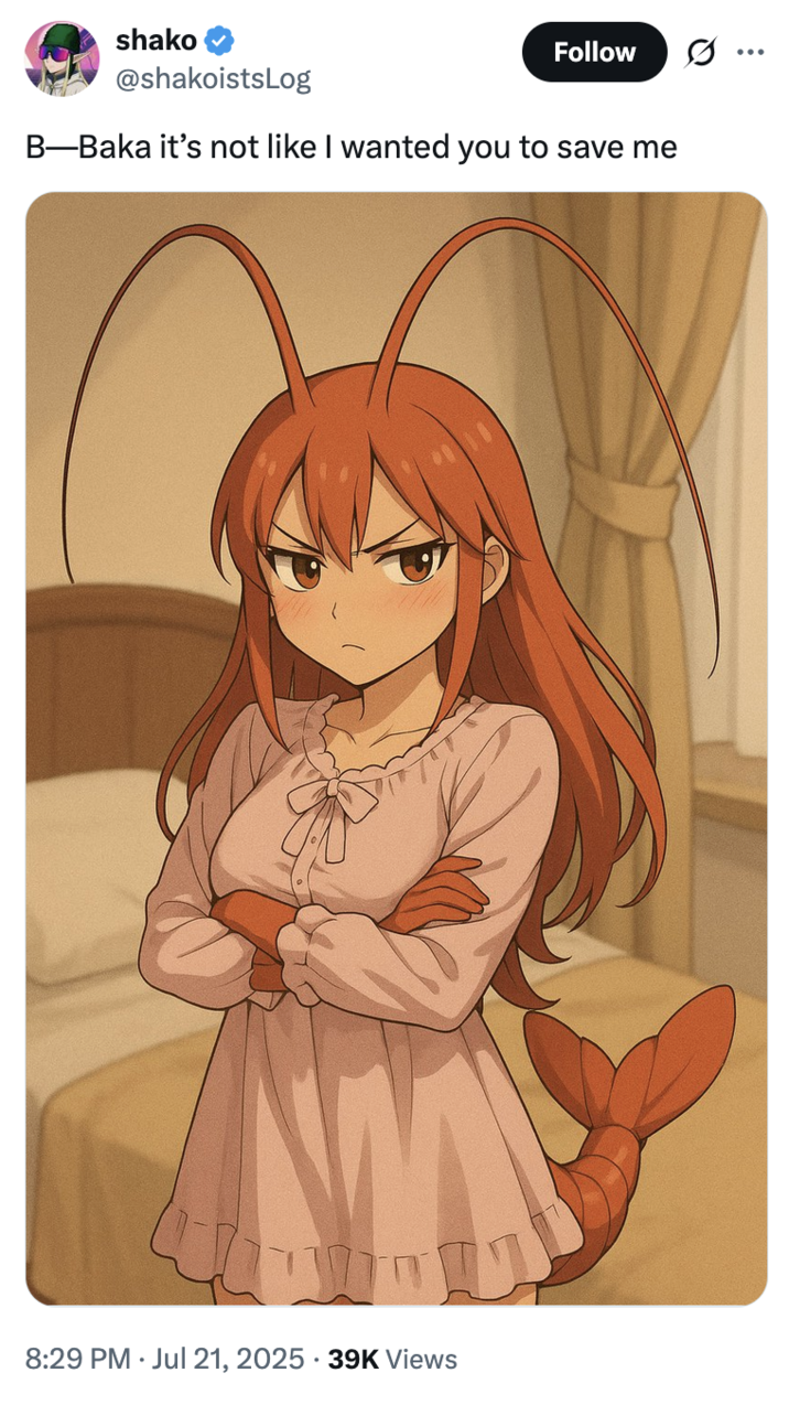 July 21st, 2025 tweet by @shakoistsLog X user @shakoistsLog posted an AI-generated image of a tsundere anime girl with shrimp antenna alongside a caption that read, "B—Baka it’s not like I wanted you to save me." The post gathered over 500 likes in a day.