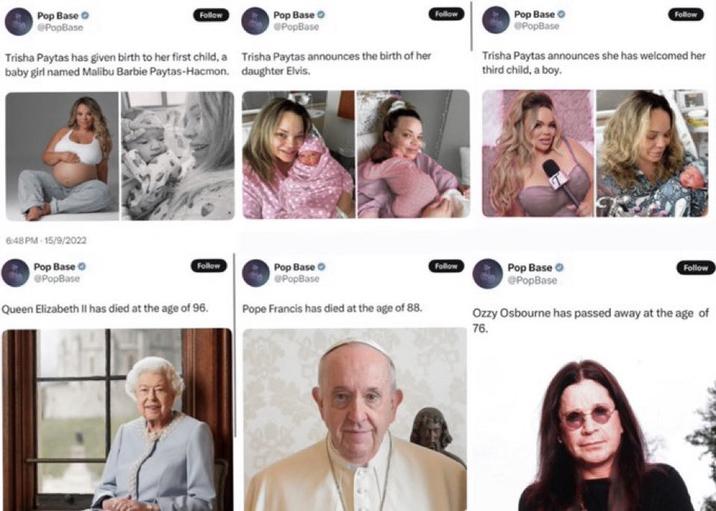 A meme collecting the times that Trisha Paytas' baby was born near the time a famous person died. The meme was posted after the "Ozzy Osbourne reincarnation":https://knowyourmeme.com/memes/ozzy-osbourne-reincarnated-as-trisha-paytas-baby-aquaman memes.